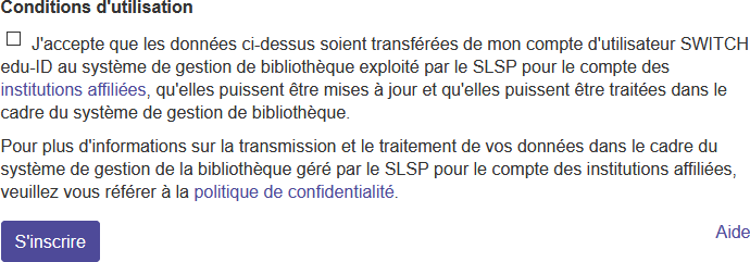 Capture d'écran des conditions d'utilisation du SLSP